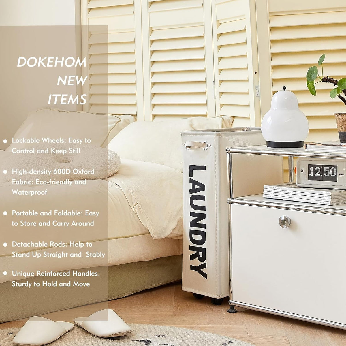 DOKEHOM 25-Inches Slim Laundry Basket on Wheels, Collapsible Rolling Laundry Hamper, Foldable