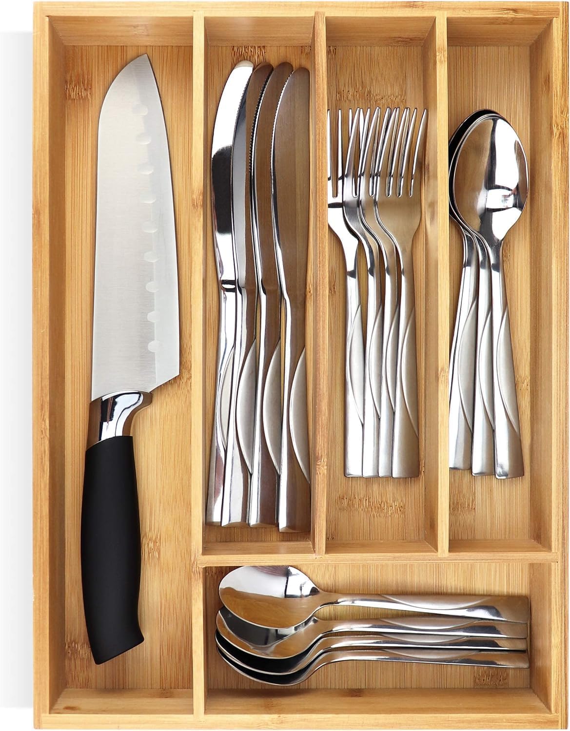 Silverware Organizer - Small Extra-Deep Wooden Kitchen Drawer Organizer Divider for Spoons, Forks