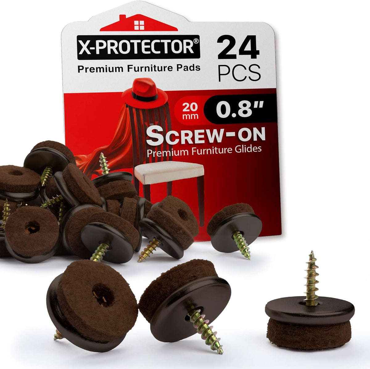 Screw-On Felt Furniture Pads X-Protector 24 PCS - 0.8” Chair Leg Floor Protectors for Hardwood