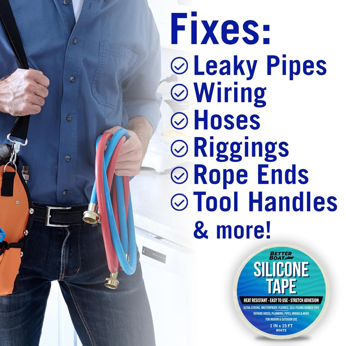 White Heavy Duty Silicone Tape, Self-Fusing Rubber Hose and Plumbing Water Pipe Repair Seal, Coax