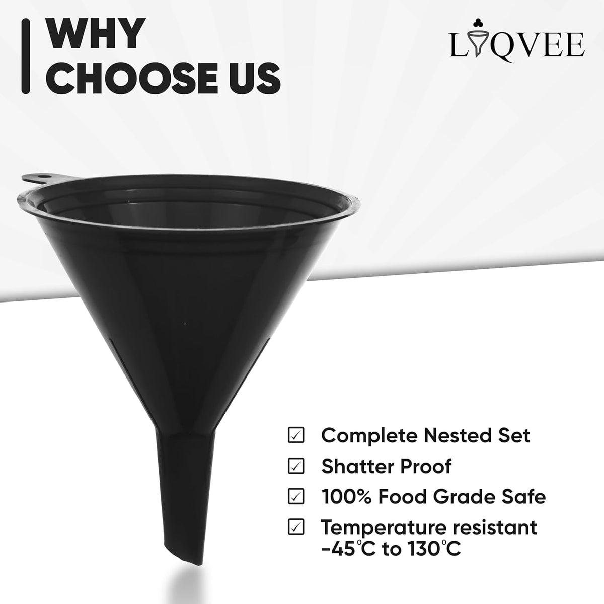 Funnels for Kitchen Use – Black Set in 4 Sizes (122, 101, 76 & 50mm) | Durable, Non-Toxic Food