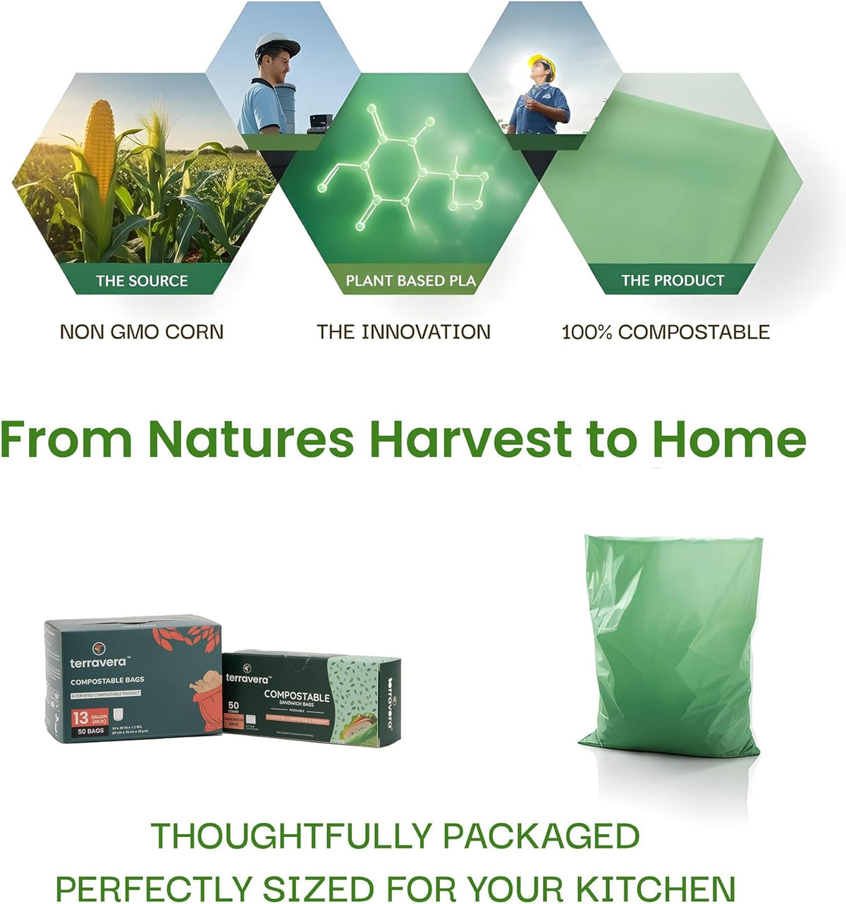 13 Gallon Compostable Trash Bags - Handle Tie | Extra Thick 1 mil|BPI & OK Home Certified ASTM