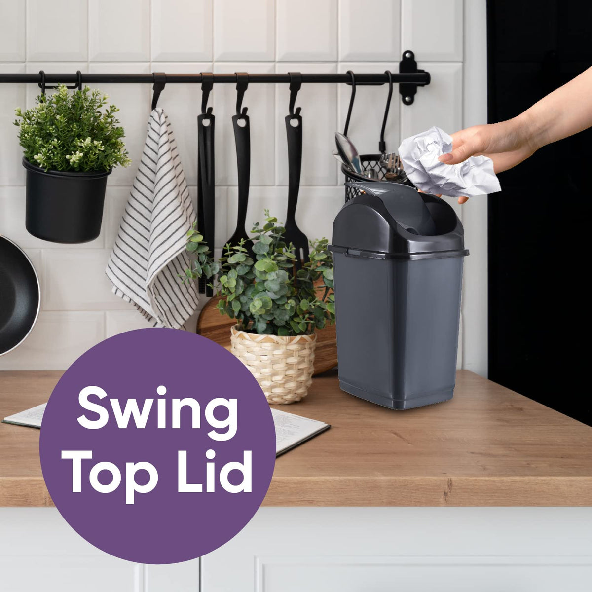 Superio Mini Desktop Trash Can with Swing Top Lid Portable Plastic Garbage Can for Countertop