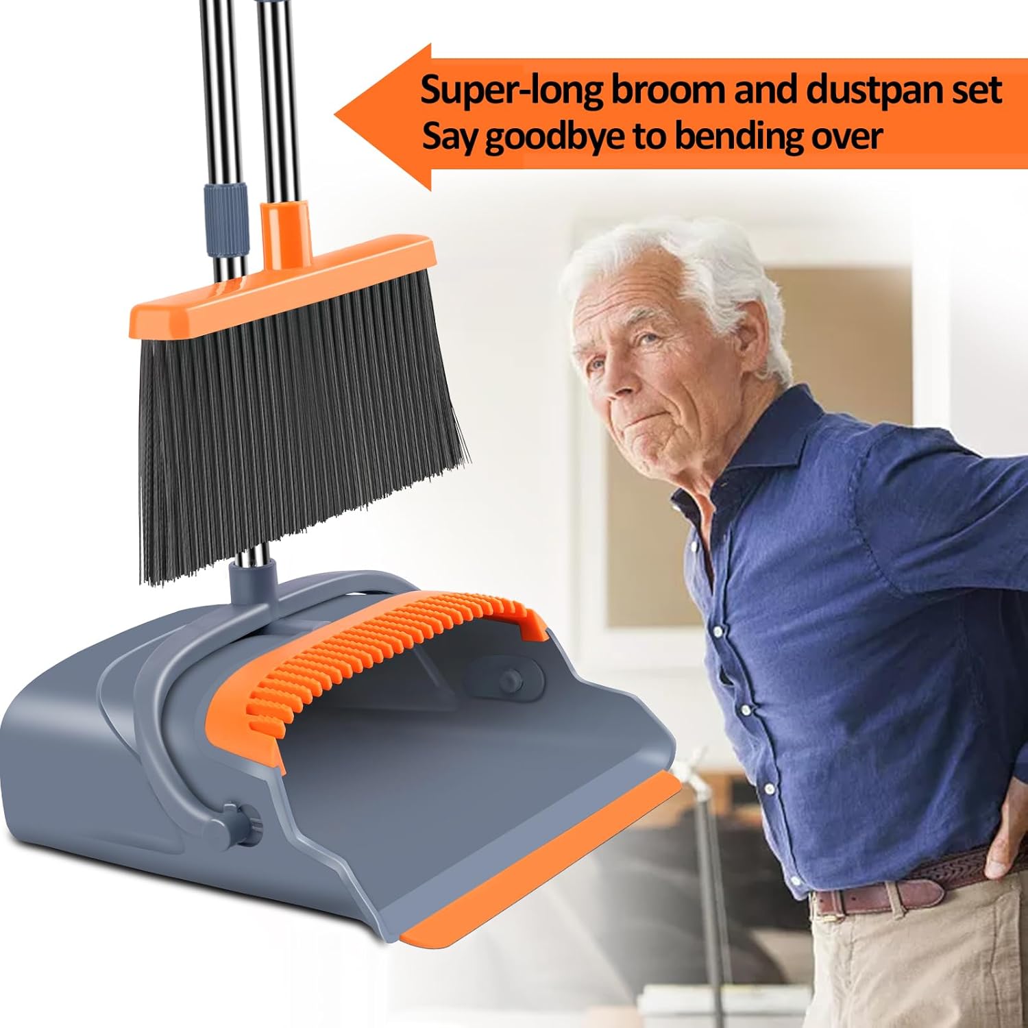 kelamayi Upgrade Broom and Dustpan Set, Self-Cleaning with Dustpan Teeth, Indoor&Outdoor Sweeping