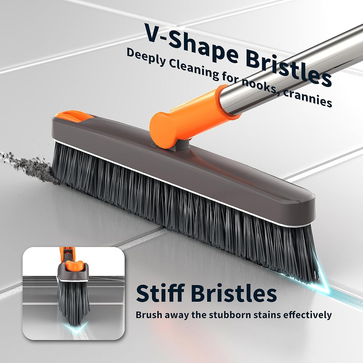 AIR U+ Grout Brush with Long Handle 180° Swivel Scrub Brush with Tweezers to Hair Clip V-Shape