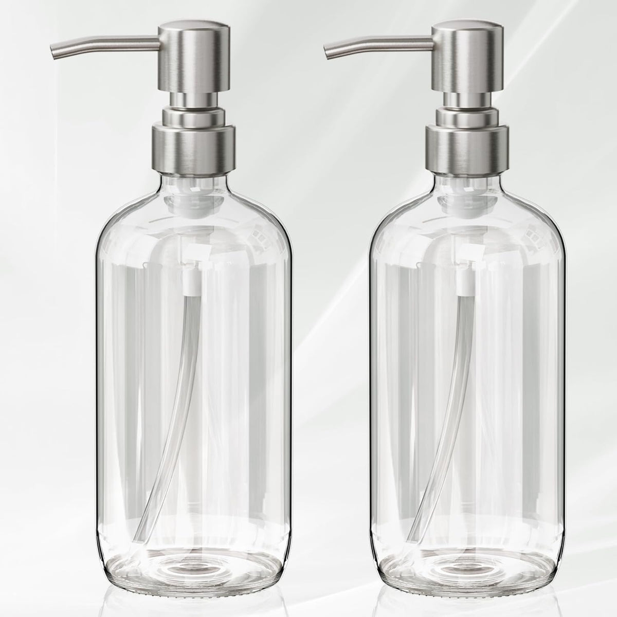 AmazerBath Soap Dispenser, 2 Pack Glass Soap Dispenser with Pump Stainless Steel, 17 Oz Hand Soap