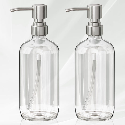 AmazerBath Soap Dispenser, 2 Pack Glass Soap Dispenser with Pump Stainless Steel, 17 Oz Hand Soap