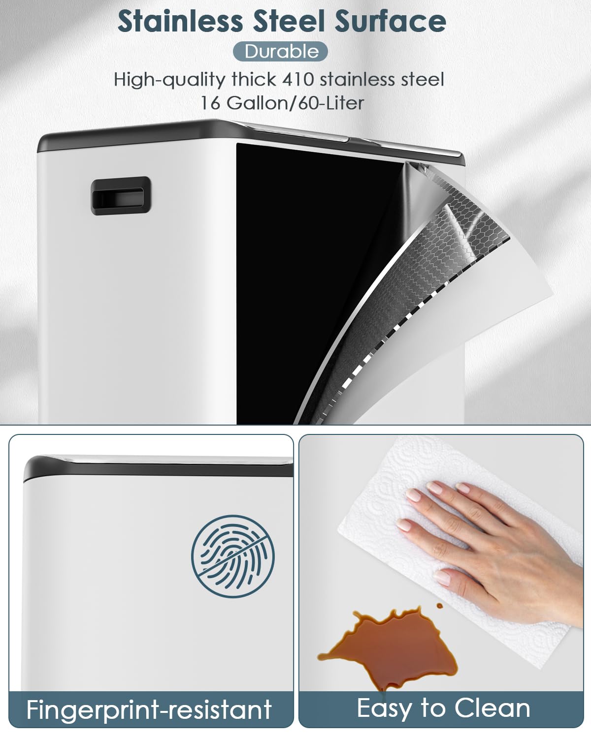 Arlopu 16Gal Dual Trash Can w/2 Built-in Box for Odor Control, Hands-Free Kitchen Garbage Bin