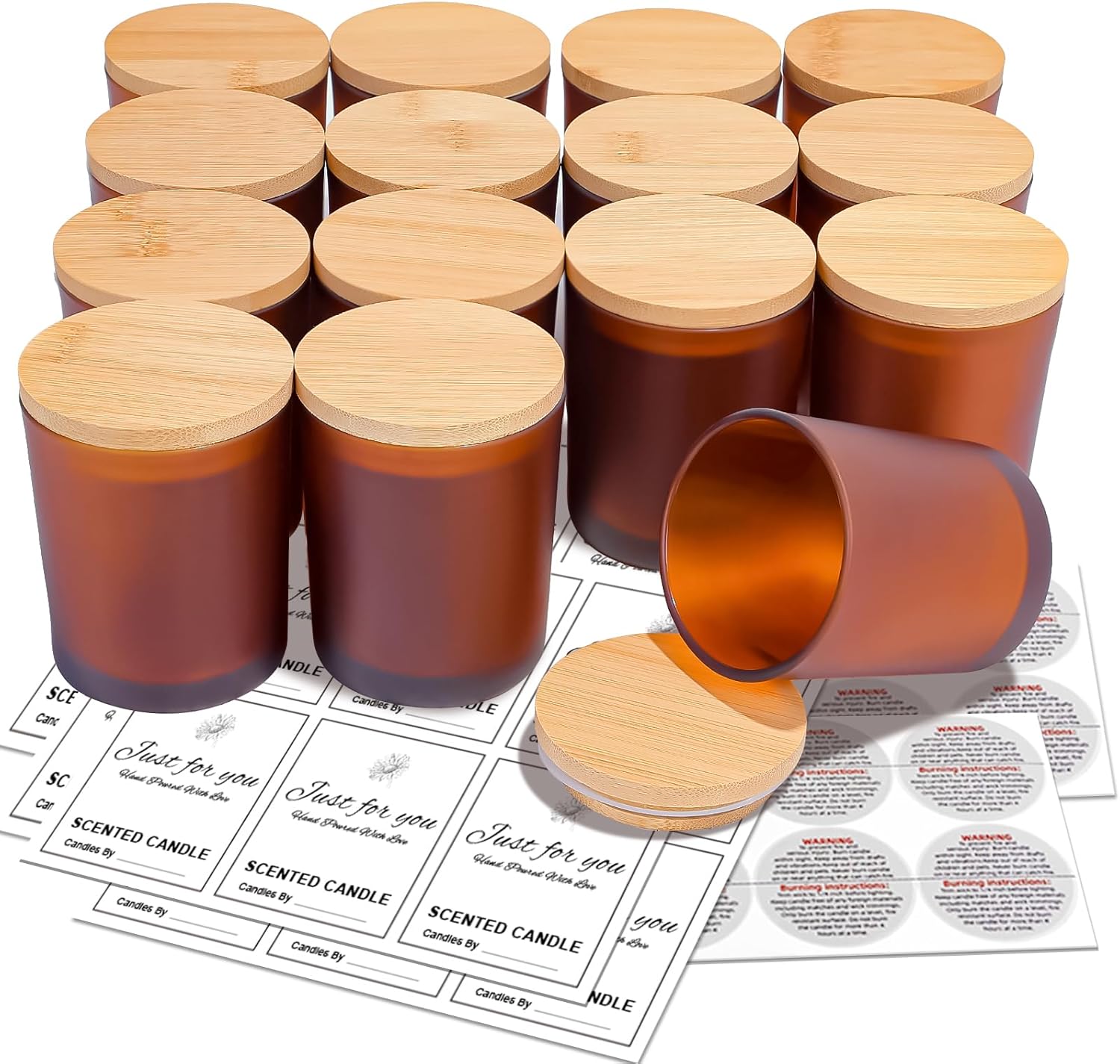 CONNOO 15-Pack 7oz Fall Amber Candle Jars with Bamboo Lids & Sticky Labels – Thick Glass Candle