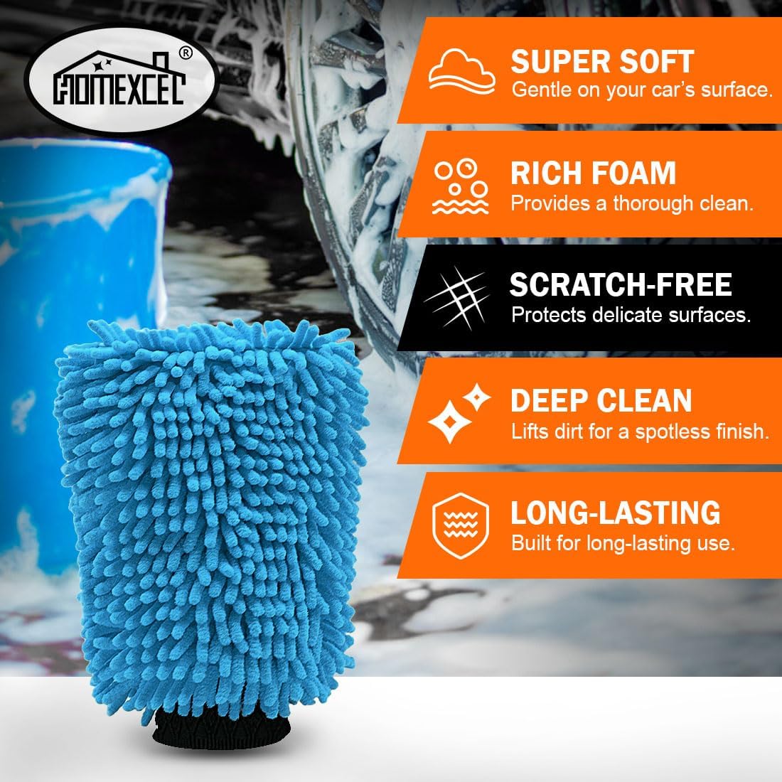 HOMEXCEL Car Wash Mitt, 2PK Chenille Microfiber Wash Mitt, Scratch-Free & Lint-Free, Rich Foam