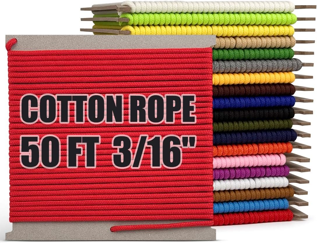 PerkHomy 500lb Cotton Rope 3/16" (5mm) 50 ft Multi Purpose Utility Diamond Braided Cord, Natural