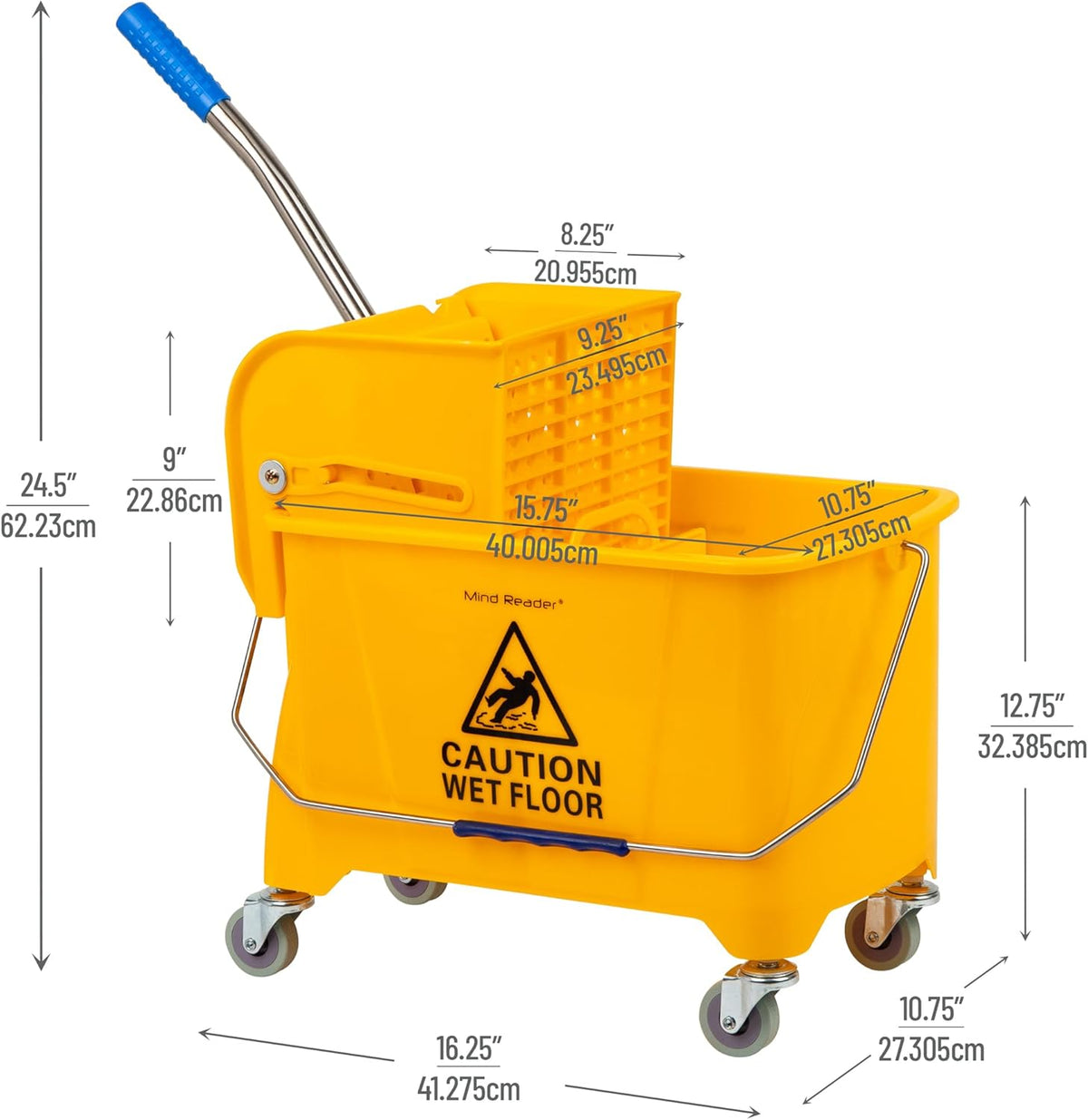 Mind Reader Mop Bucket with Wringer, 22 Qt (5.5 Gallon), Floor Cleaning, Handle, Wheels, 16.25"L x