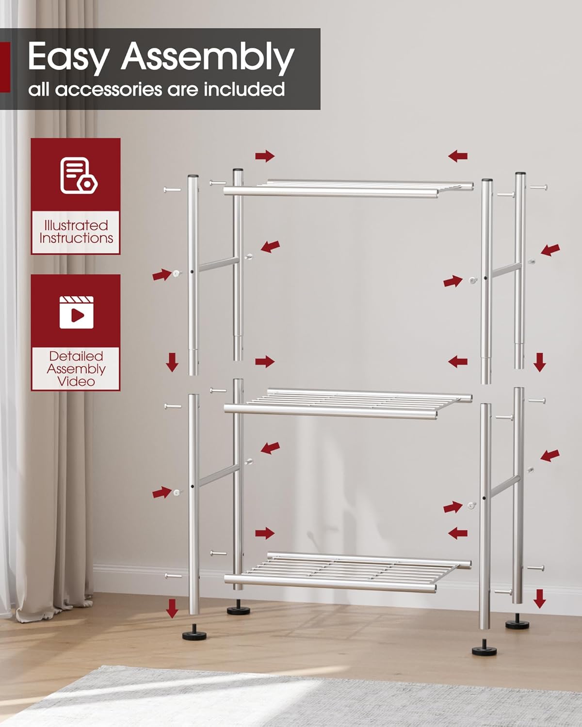 Storage Shelves - 3 Tier Shelf Organizer, Sturdy Metal Shelving with Adjustable Leveling Feet