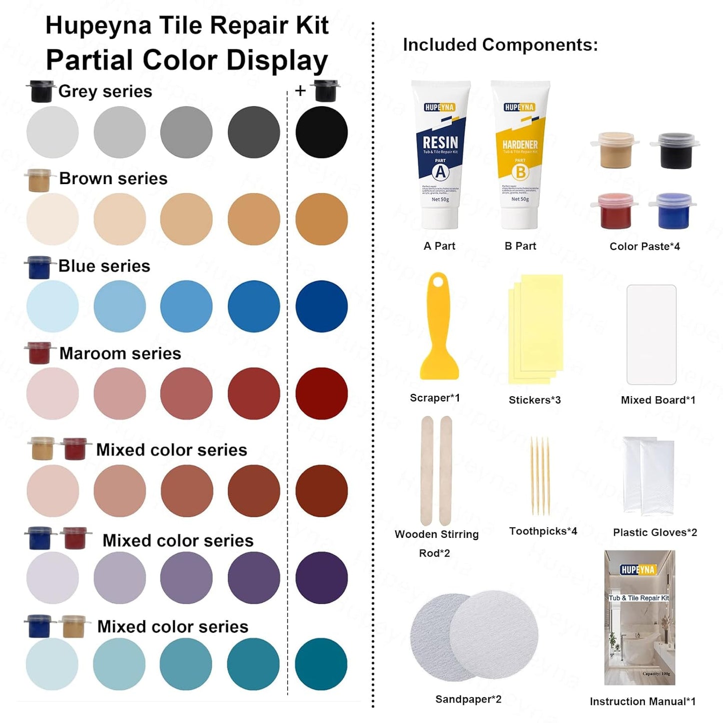 Tub, Tile and Shower Repair Kit (Color Match), Hupeyna Porcelain Repair Kit, Bathtub Repair Kit for