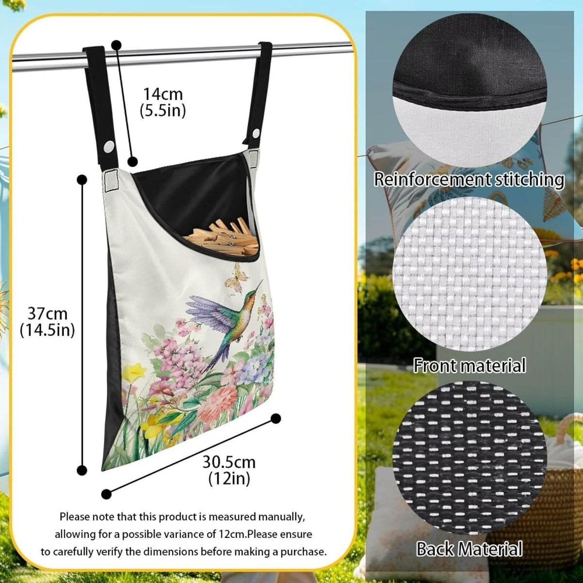 Hummingbird Handy Clothespin Bags Floral Space-Saving Clothespin Storage Hanger Bag, Hanging