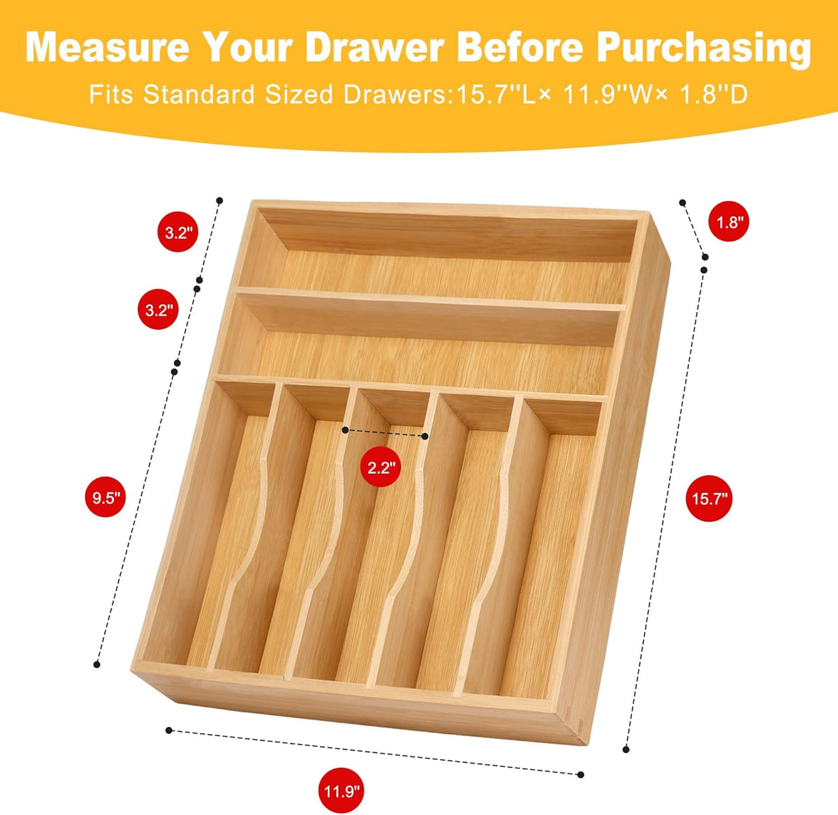 Kitchen Bamboo Silverware Organizer, Kitchen Drawer Organizer - Utensil Holder and Cutlery Tray