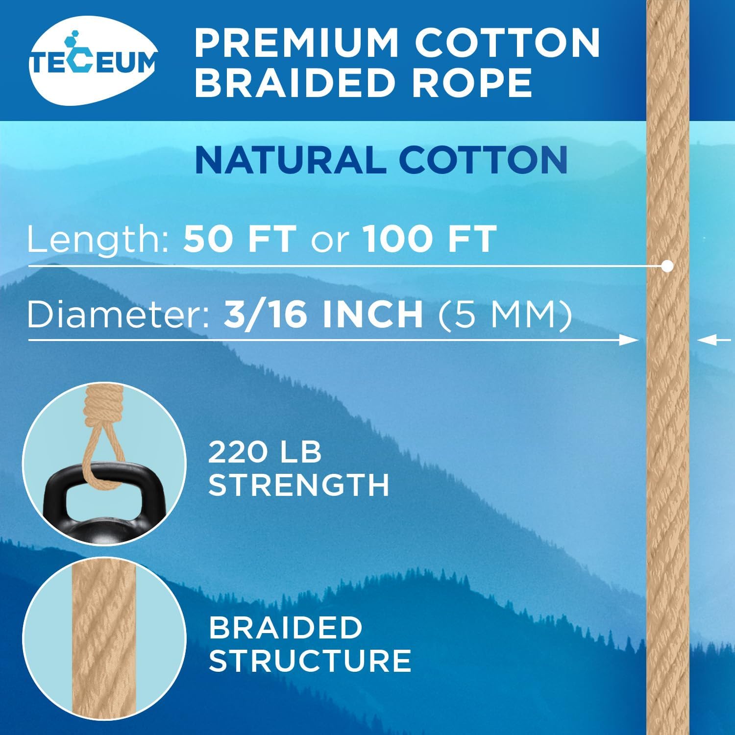 TECEUM Cotton Rope 3/16” (5 mm) – 100 FT – Strong All-Purpose Braided Rope – Natural Cotton – for