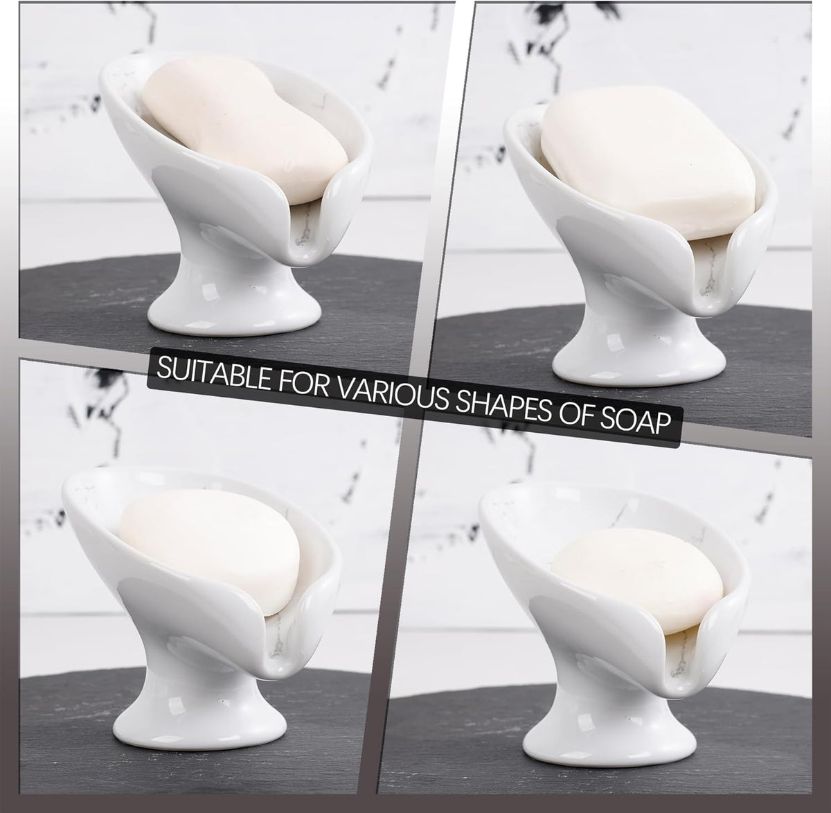 Soap Dish, Self Draining Bar Soap Holder for Bathroom Sink, Leaf Shaped Drainage Ceramic Marble