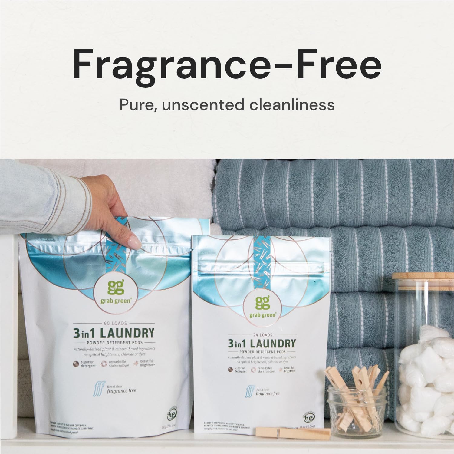 Grab Green 3-in-1 Laundry Detergent Pods, 60 Count, Fragrance Free, Plant and Mineral Based
