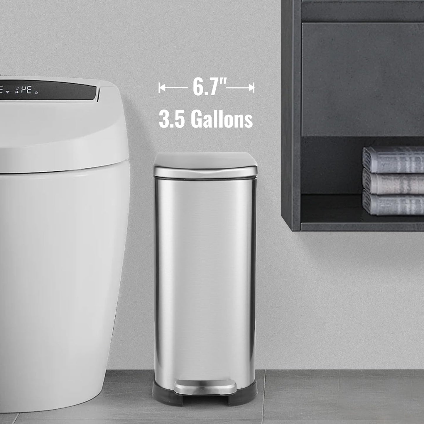 Bathroom Trash Can with Soft-Close Lid 3.5 Gallon Stainless Steel Garbage Can with Removable Inner