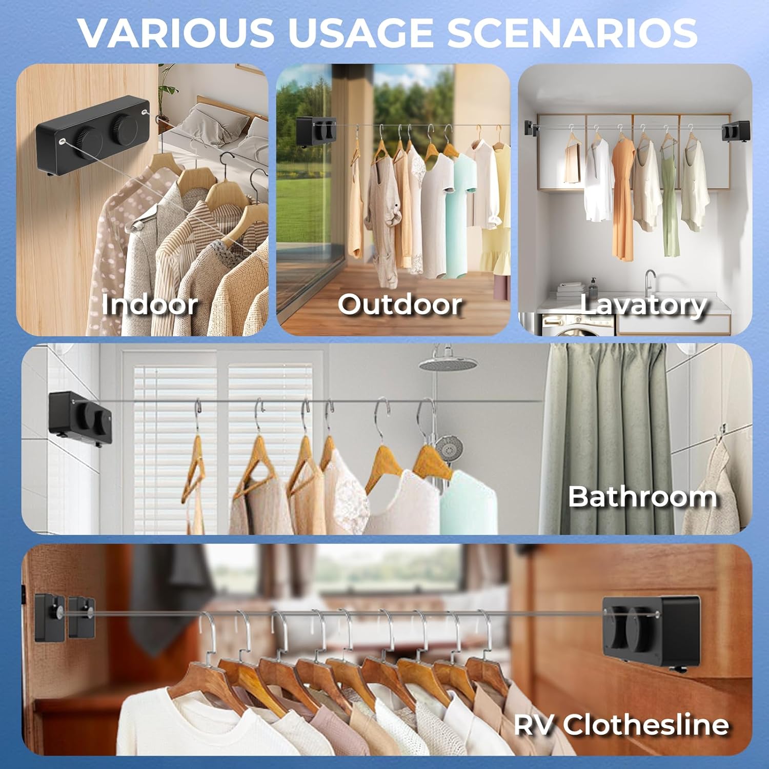 Retractable Clothesline Indoor Outside Heavy-Duty, Upgrade 304 Double Stainless Steel Shower Room