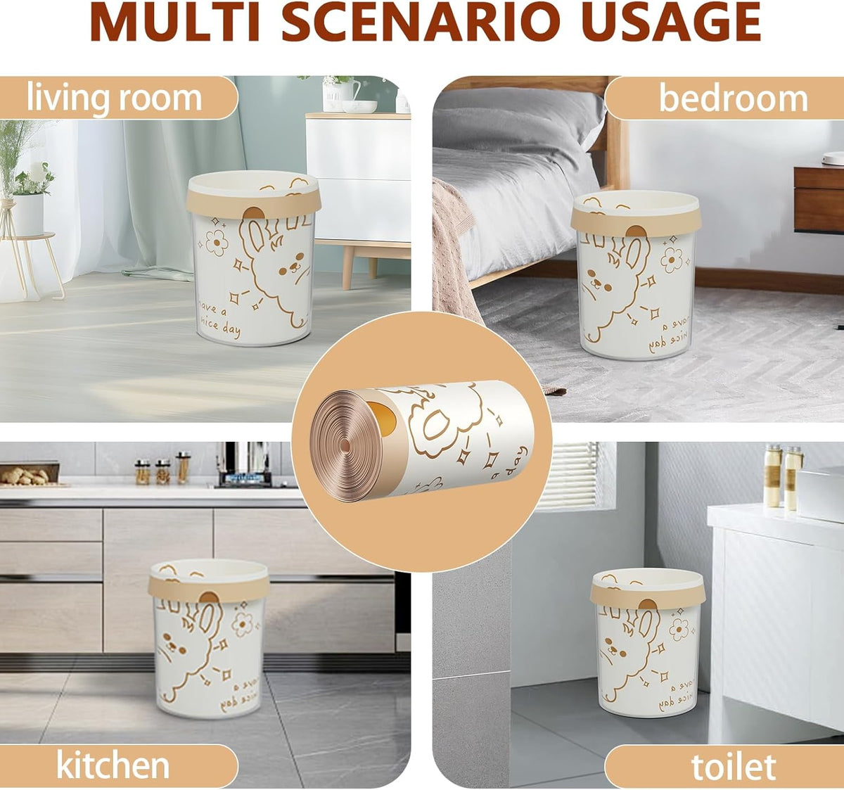 13 Gallon Trash Bags with Cute Rabbit Printed & Drawstring, Tear-Resistant Tall Kitchen Garbage