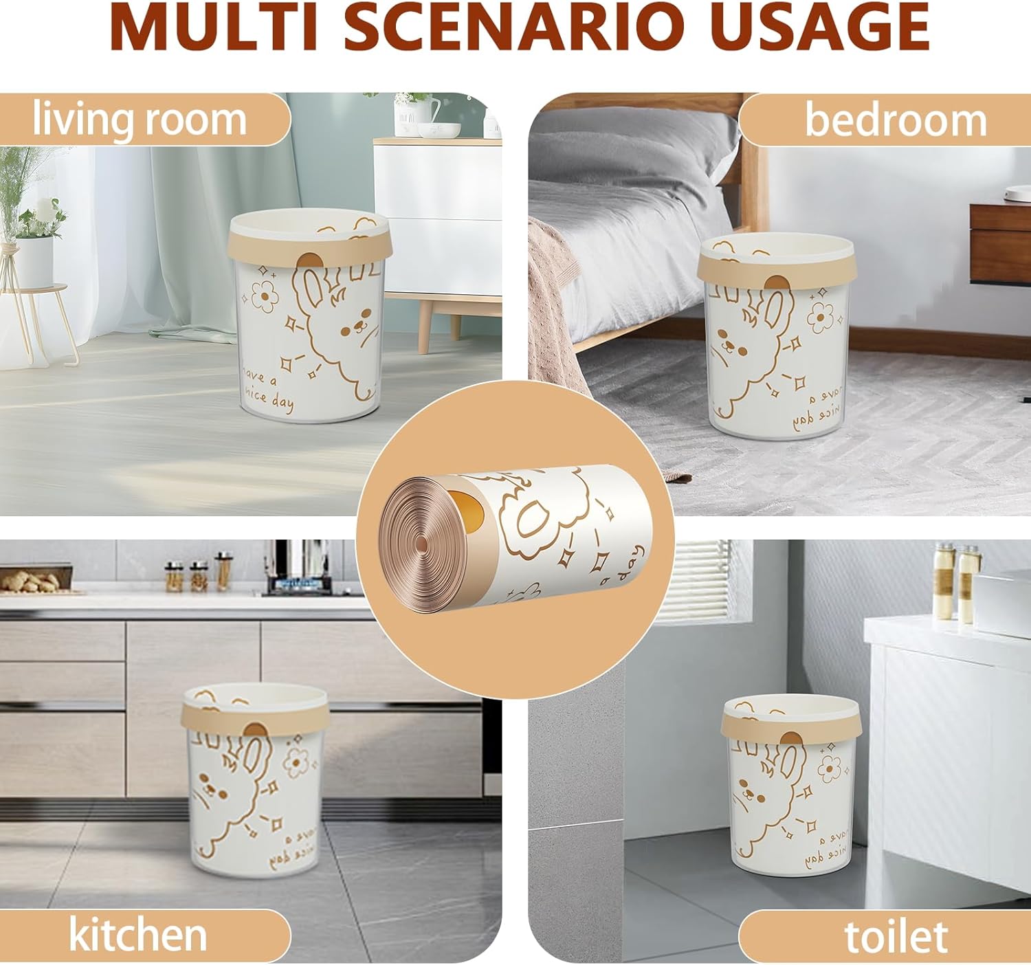 4 Gallon Trash Bags with Cute Rabbit Printed & Drawstring, Tear-Resistant Small Bathroom Garbage