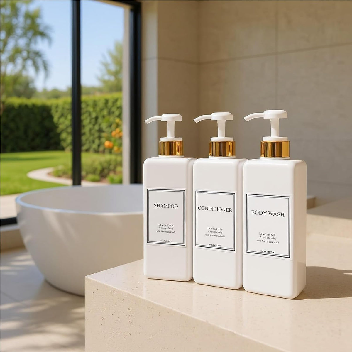 Modern Gold Design Large 27 oz Shampoo and Conditioner Dispensers - Empty Plastic Refillable Pump