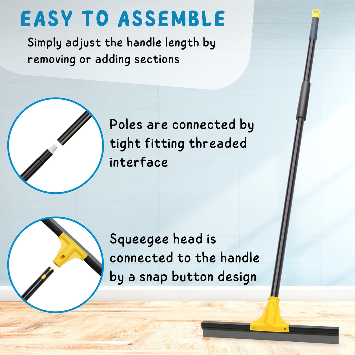Squeegee Broom for Floor, 18'' Heavy Duty Rubber Wiper with 60'' Long Handle for Bathroom Tile