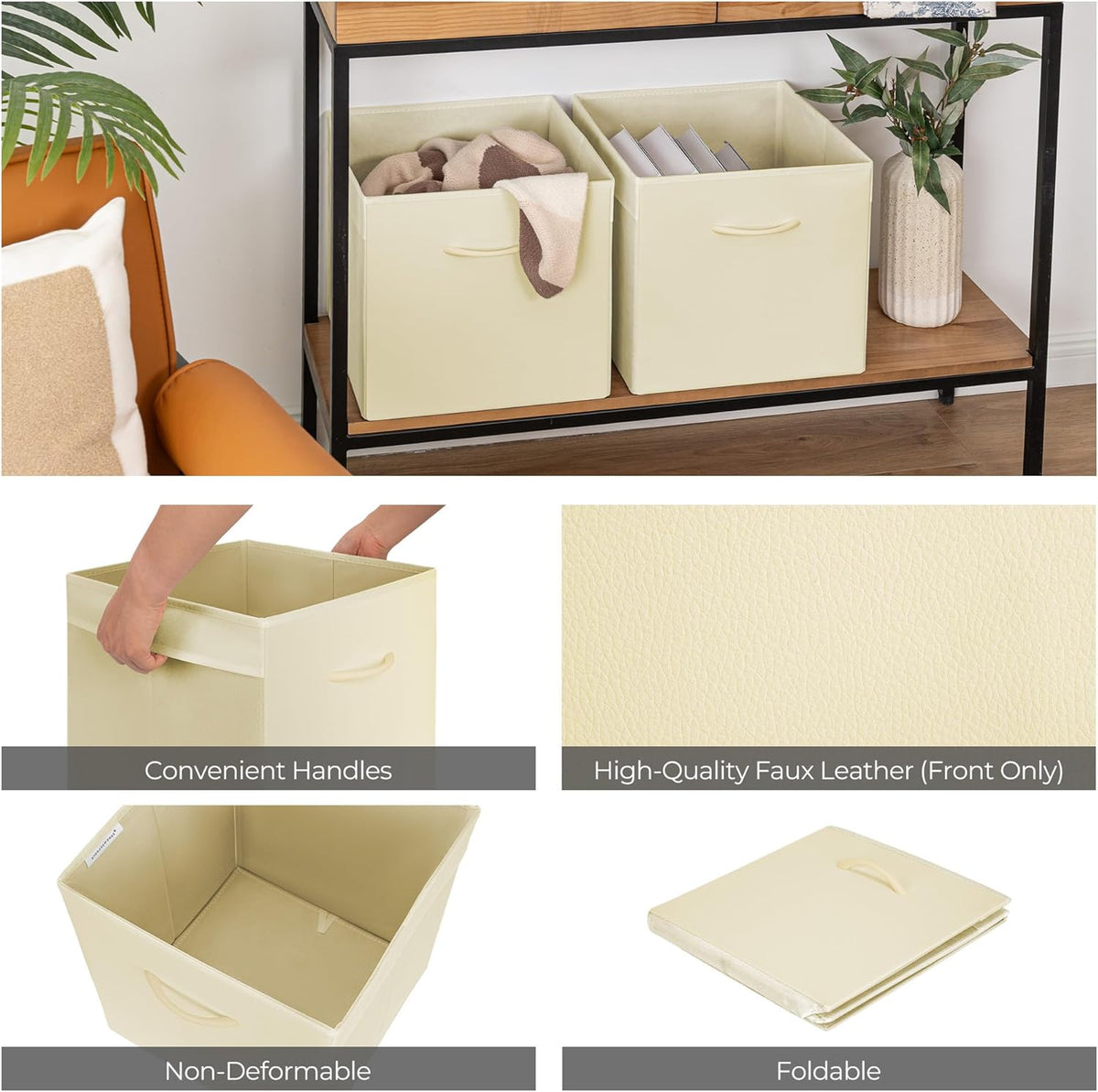 StorageWorks Beige Storage Cubes, 13x13 Storage Cube Bins with Handle, Cube Storage Organizer Bins