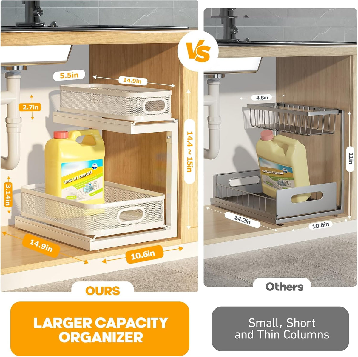 2-Pack Under Sink Storage Organizer with 2-Tier Slide Out Drawer, Sophisticated Mesh Pull Out Shelf