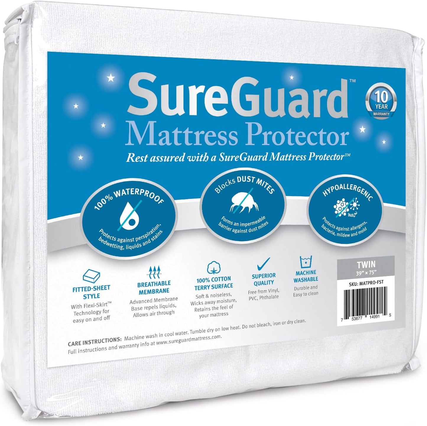 SureGuard Twin Size Mattress Protector - 100% Waterproof, Hypoallergenic - Premium Fitted Cotton
