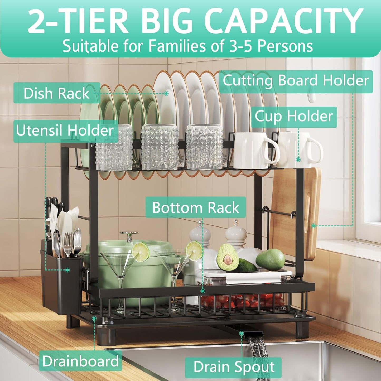 Dish Drying Rack, 2 Tier Space-Saving Dish Rack, Multifunctional Dish Drainer for Kitchen Counter