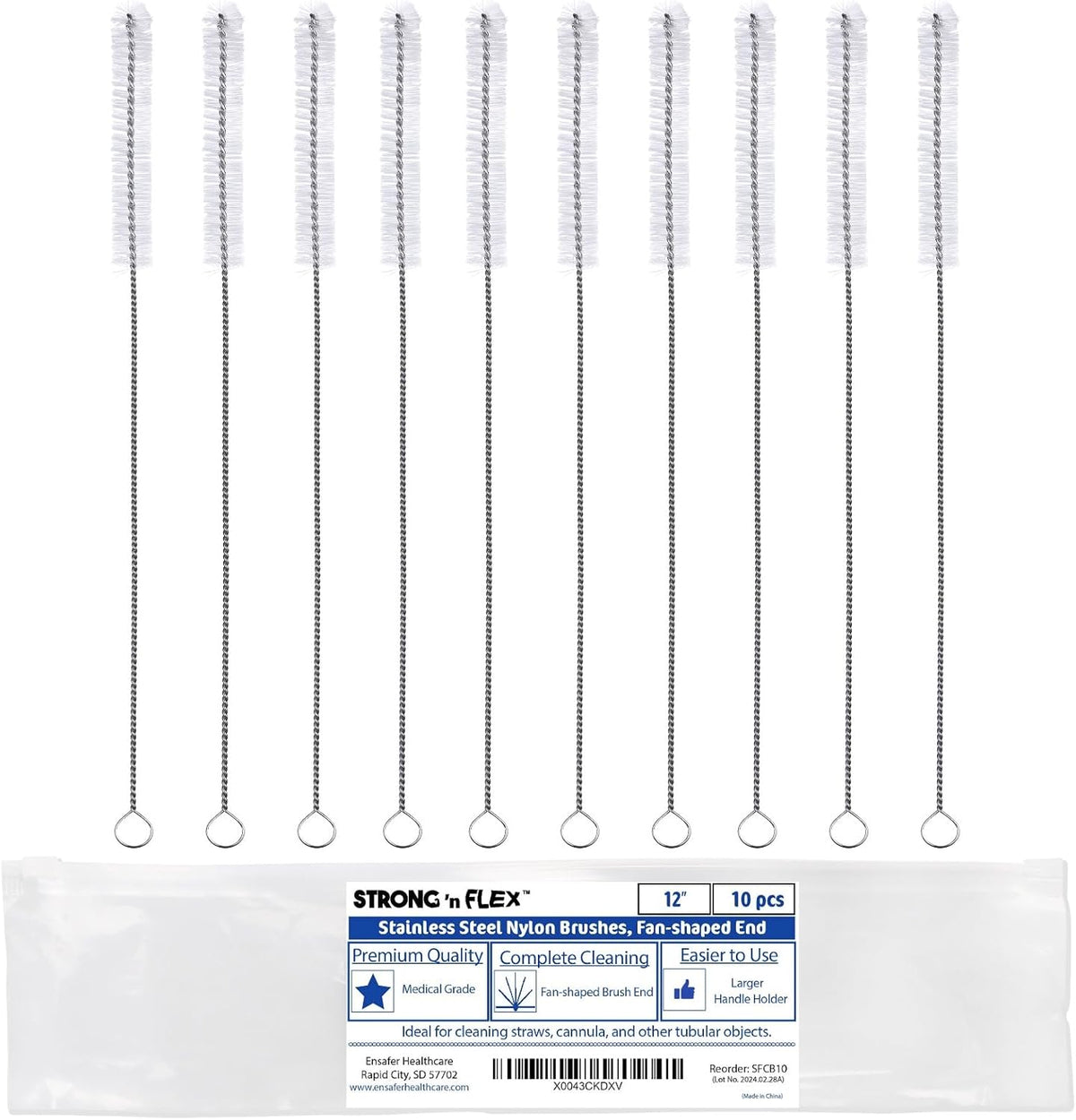 Strong 'n Flex Nylon Straw Cleaner Brushes – Fan-Shaped End for Tight Spaces, Ideal for Reusable