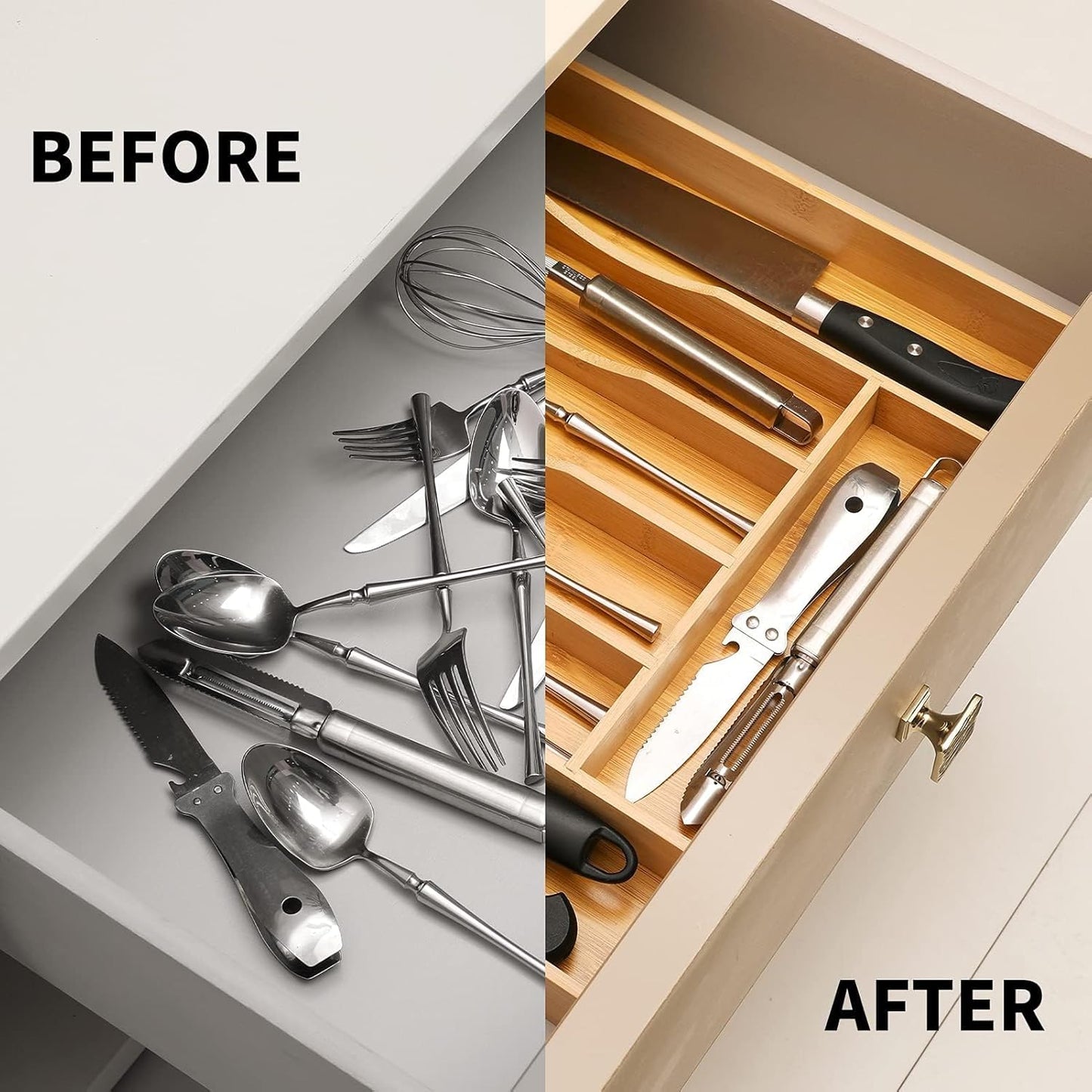 2-Piece Bamboo Silverware Organizer, Expandable Kitchen Drawer Organizer for Cutlery and Utensils
