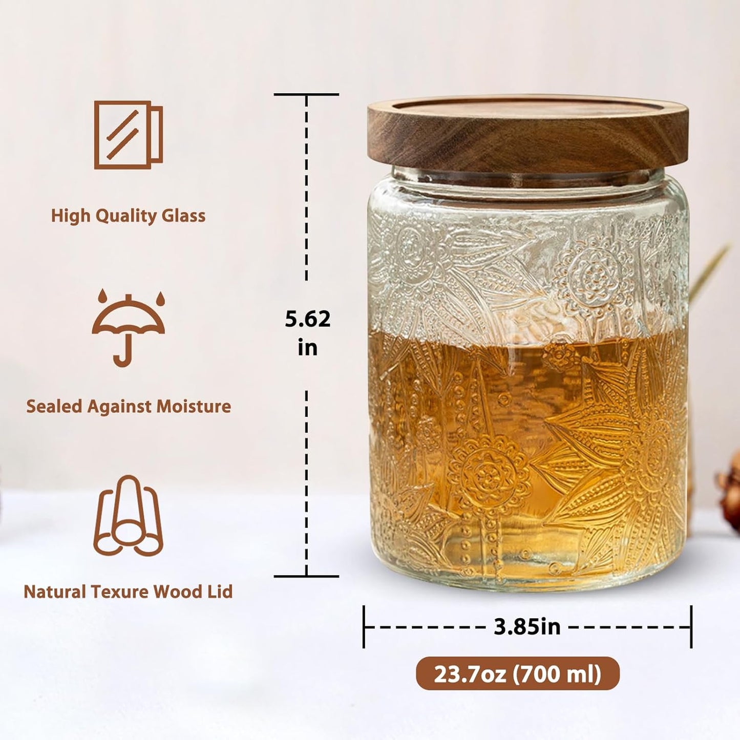 24 OZ/6 PCS Glass Storage Jar with Airtight Bamboo Wooden Lids, Vintage Food Containers Canisters