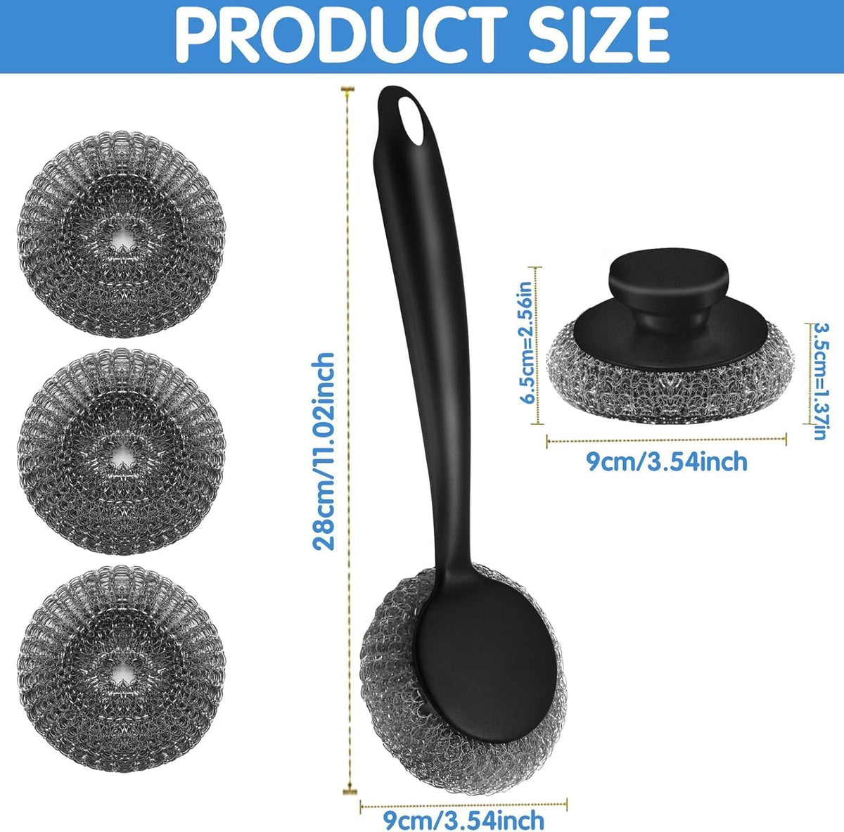 Scrubber with Handle Comes with Three Replacement Balls Steel Wool, Short Handle Scrubber, Steel
