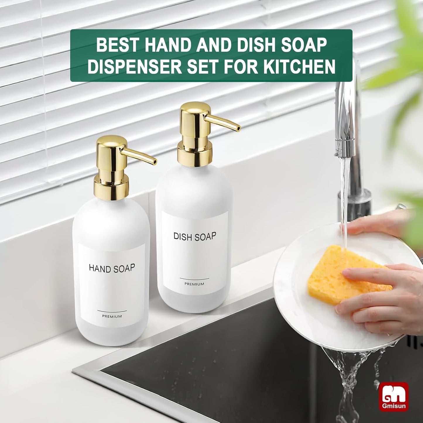 GMISUN White Soap Dispenser, 2 Pack Glass Hand Soap Dispensers Bathroom with Gold Pump, 17 Fl Oz