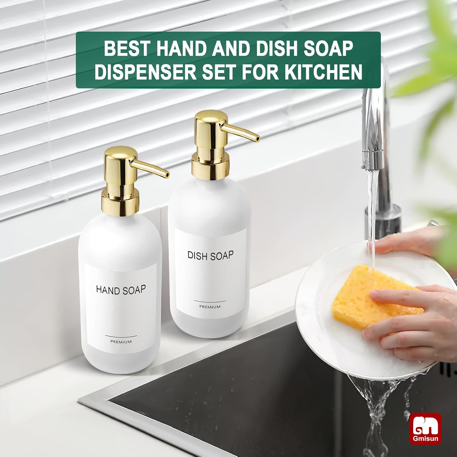 GMISUN White Soap Dispenser, 2 Pack Glass Hand Soap Dispensers Bathroom with Gold Pump, 17 Fl Oz