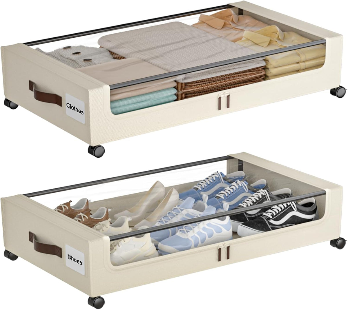 Under Bed Storage with Wheels,XXL 60L Under Bed Storage Containers with Clear Lids, Rolling Under