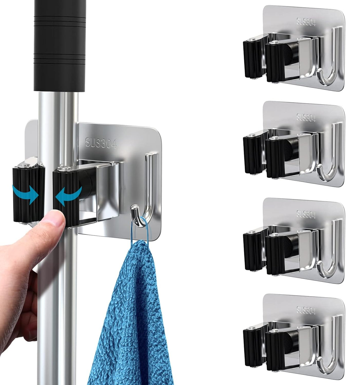 Mop Broom Holder No Drill, Mop Broom Organizer Wall Mounted Heavy Duty with Hooks Hanger, Self
