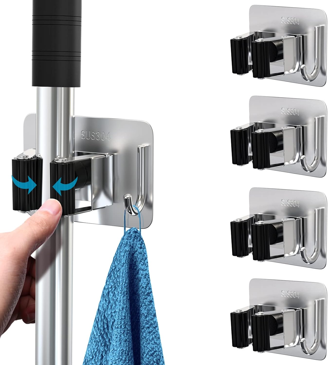 Mop Broom Holder No Drill, Mop Broom Organizer Wall Mounted Heavy Duty with Hooks Hanger, Self