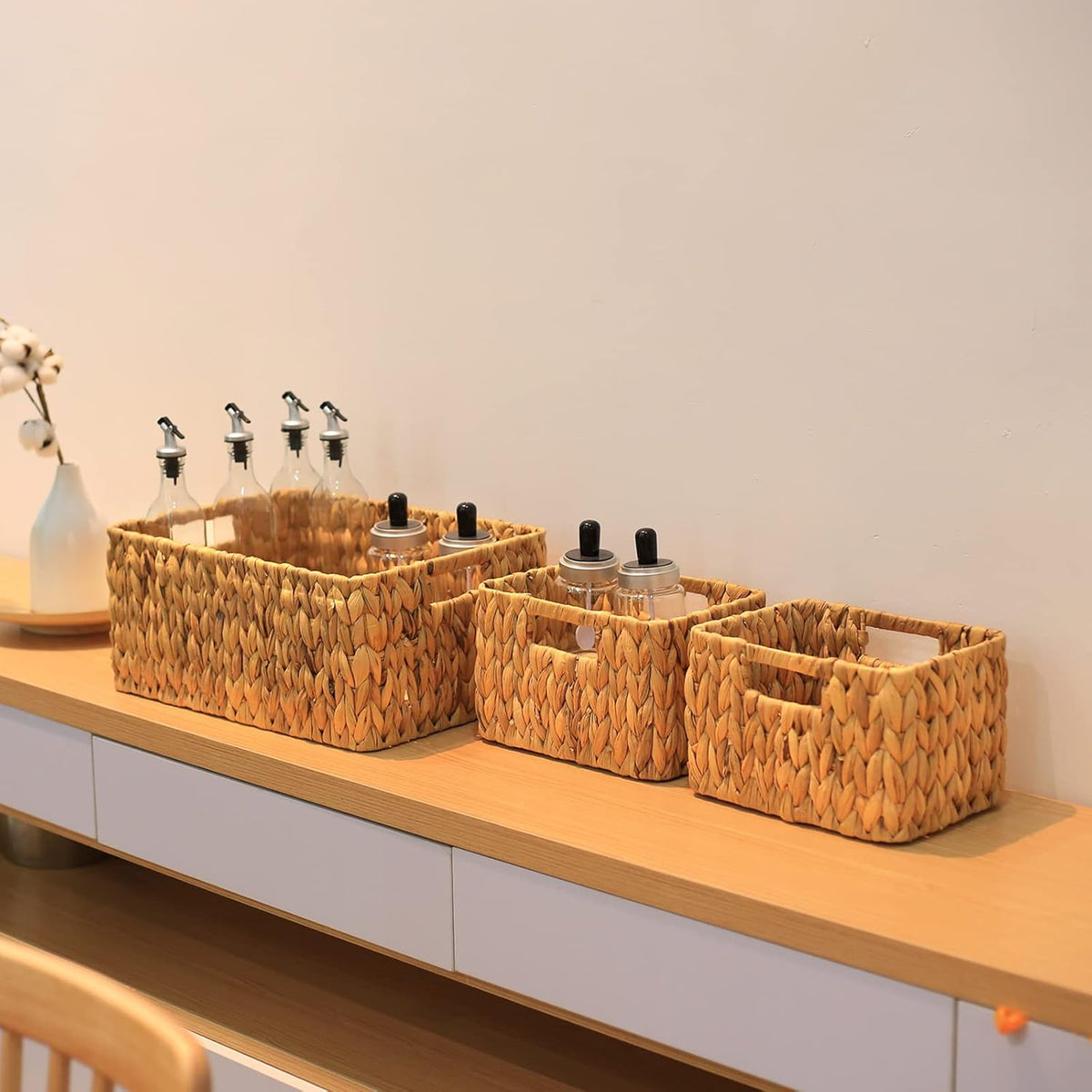 HOONEX Water Hyacinth Storage Baskets, Wicker Baskets for Storage, Hand Woven Baskets with Carry