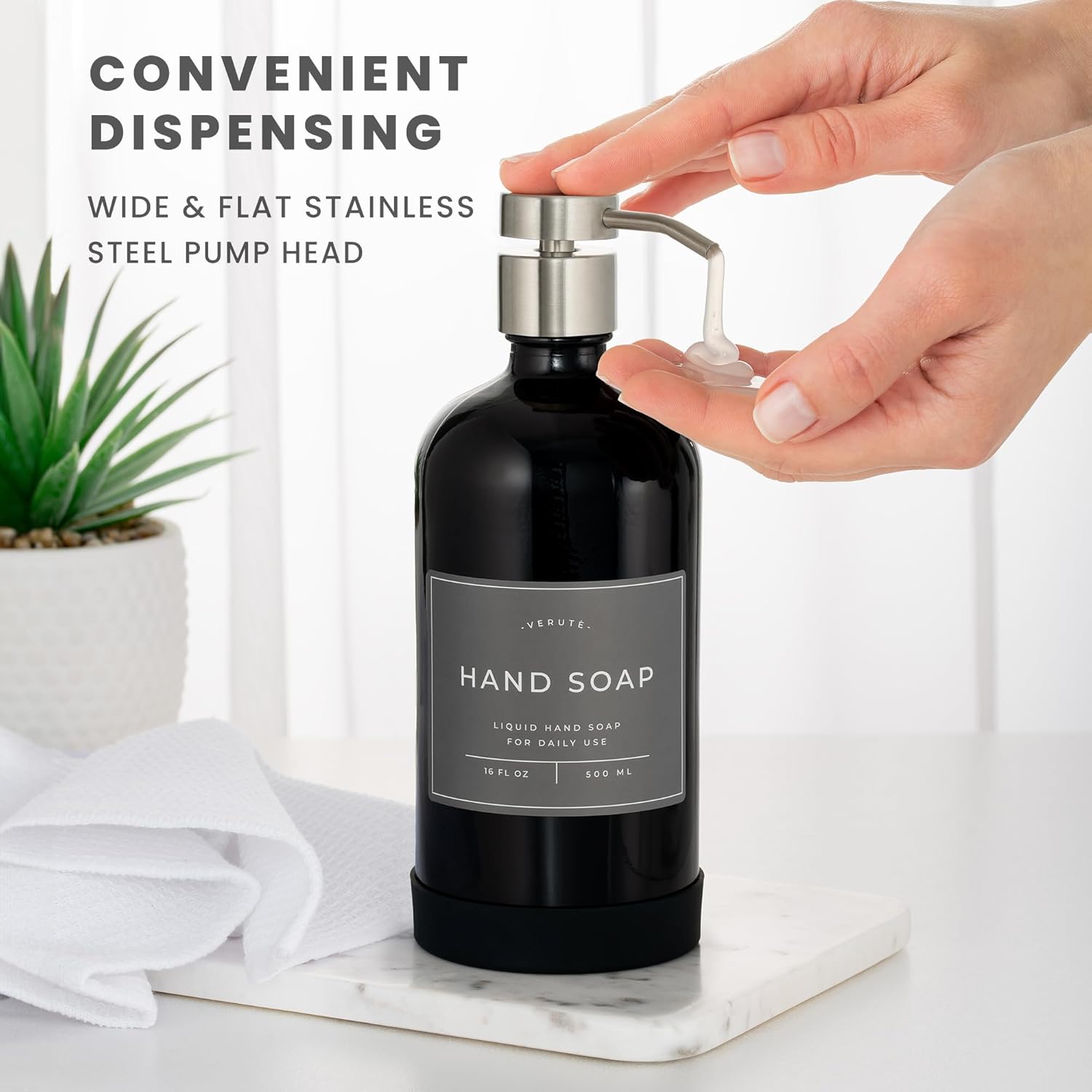 16oz Glass Soap Dispenser with Stainless Steel Pump, 21 Waterproof Labels, Non-Slip Protective