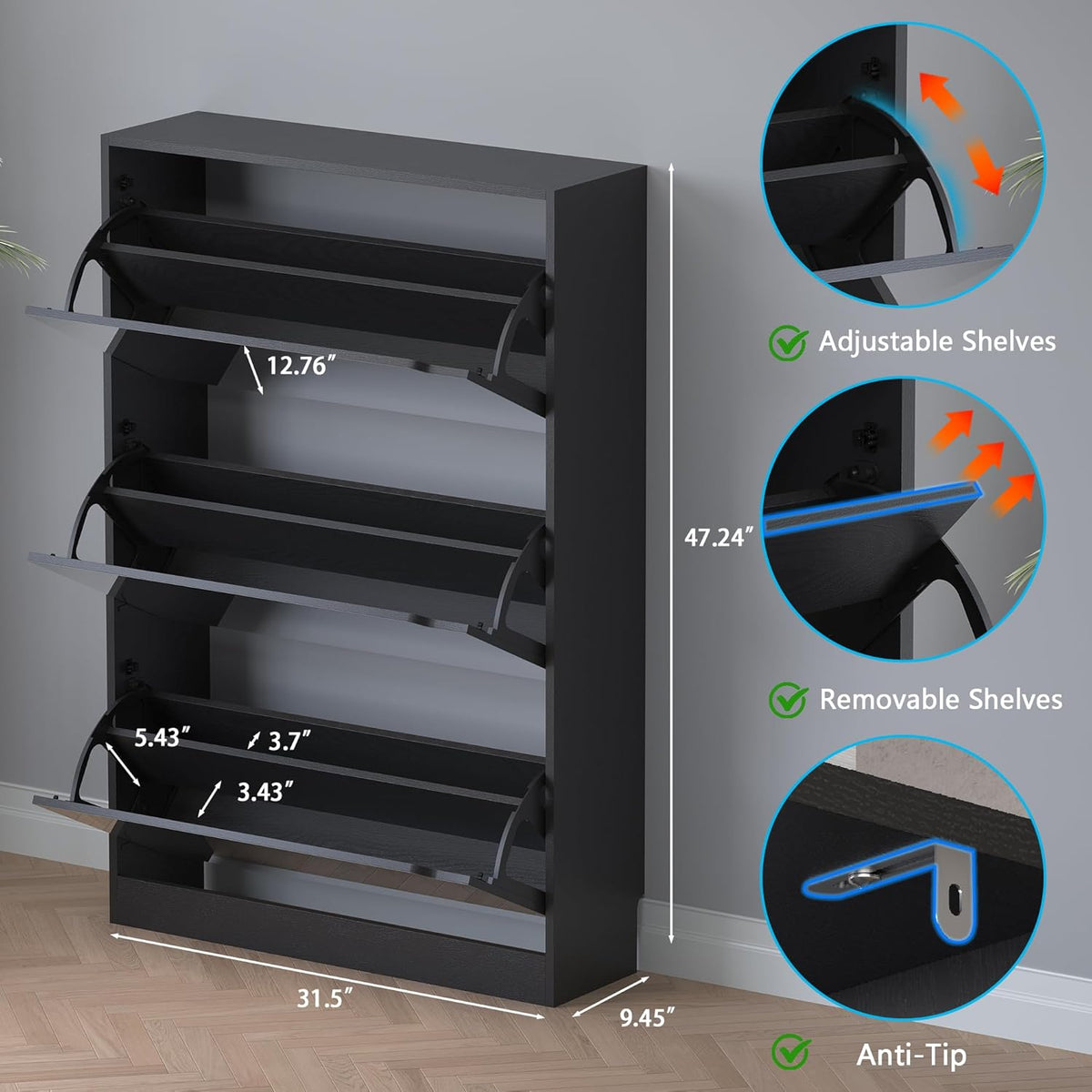 Shoe Cabinet with 3-Flip Mirror Drawers, Freestanding Shoe Rack Organizer with Hidden Handle, Slim