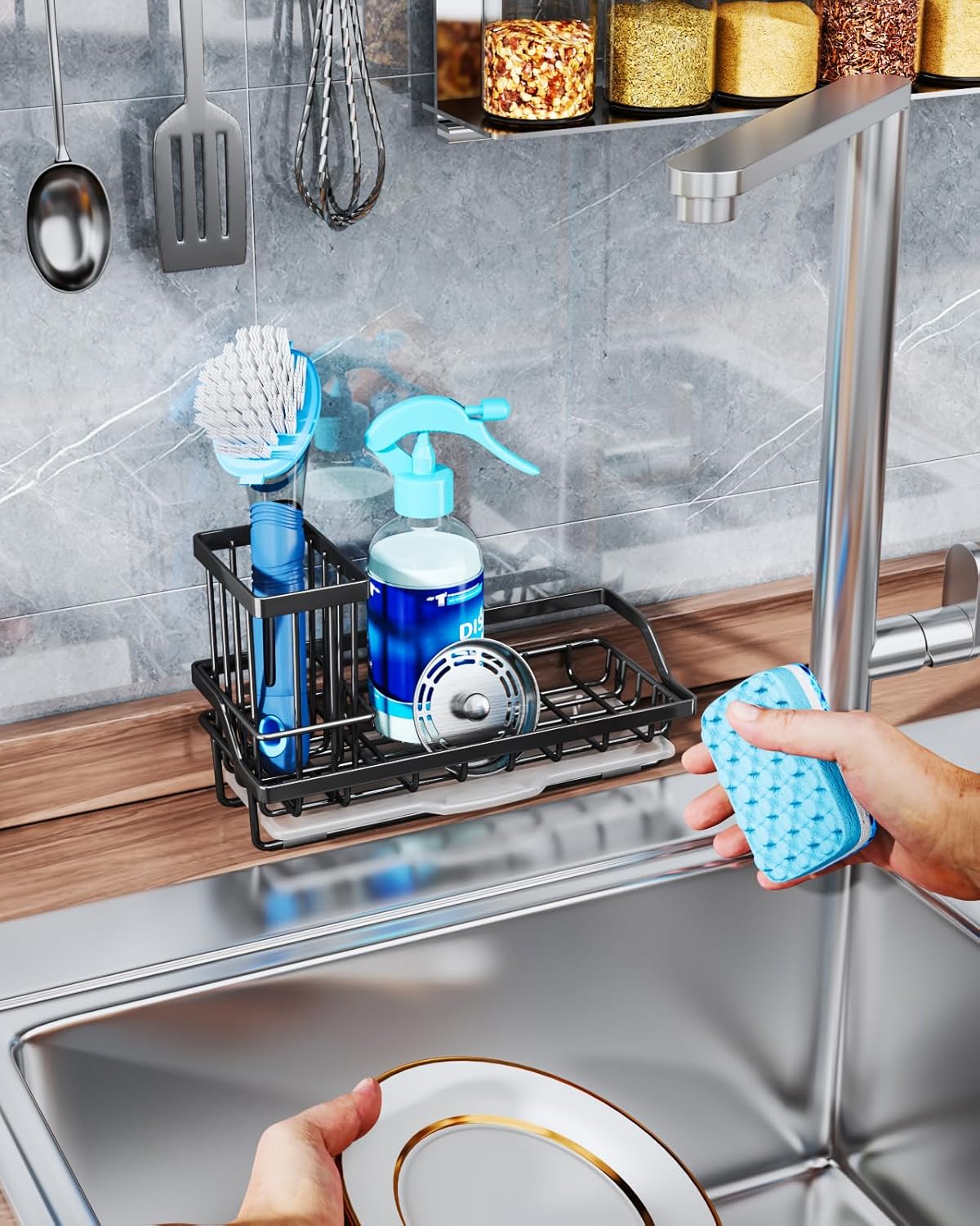 Consumest Sponge Holder for Kitchen Sink - Kitchen Sink Caddy Organizer with Removable Drip Tray