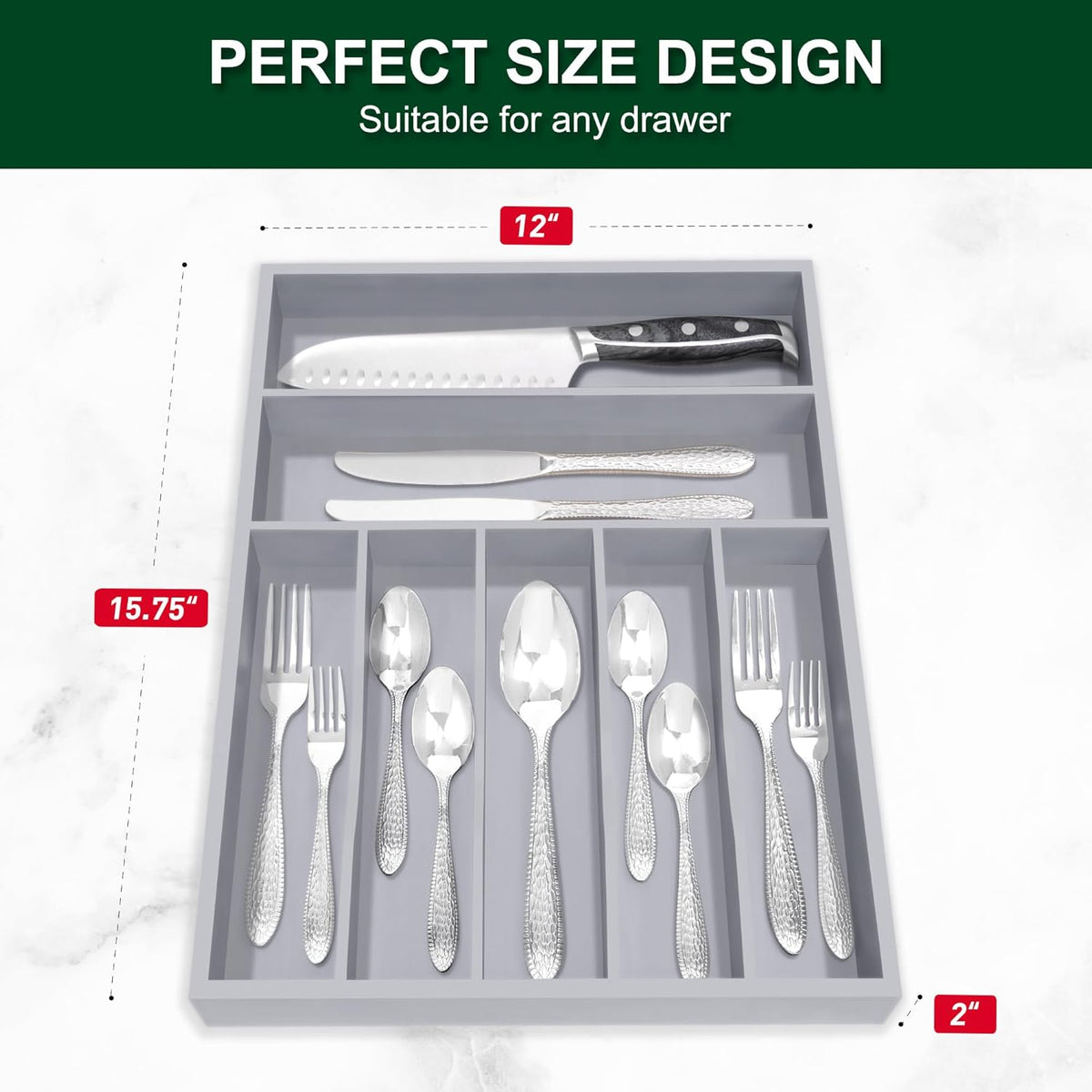 Bellsal Grey Utensil Organizer 12.5 Inch Silverware Tray for Drawer Utensil Holder Cutlery