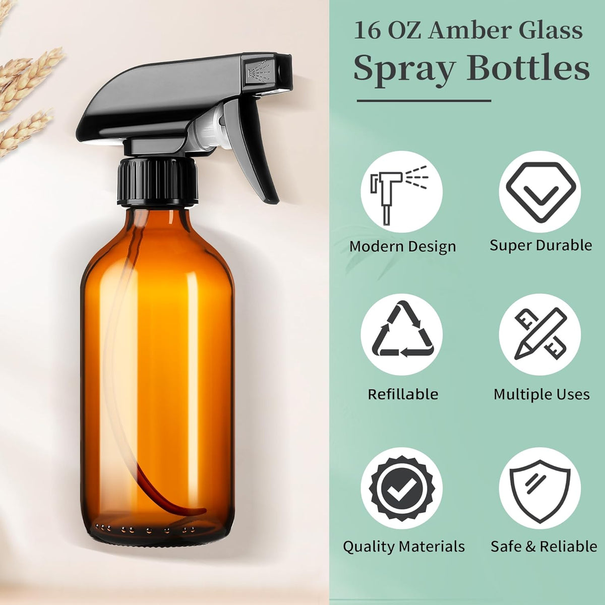 8oz Amber Glass Spray Bottles,6 Pack Glass Spray Bottles Refillable Empty Bottle with Adjustable