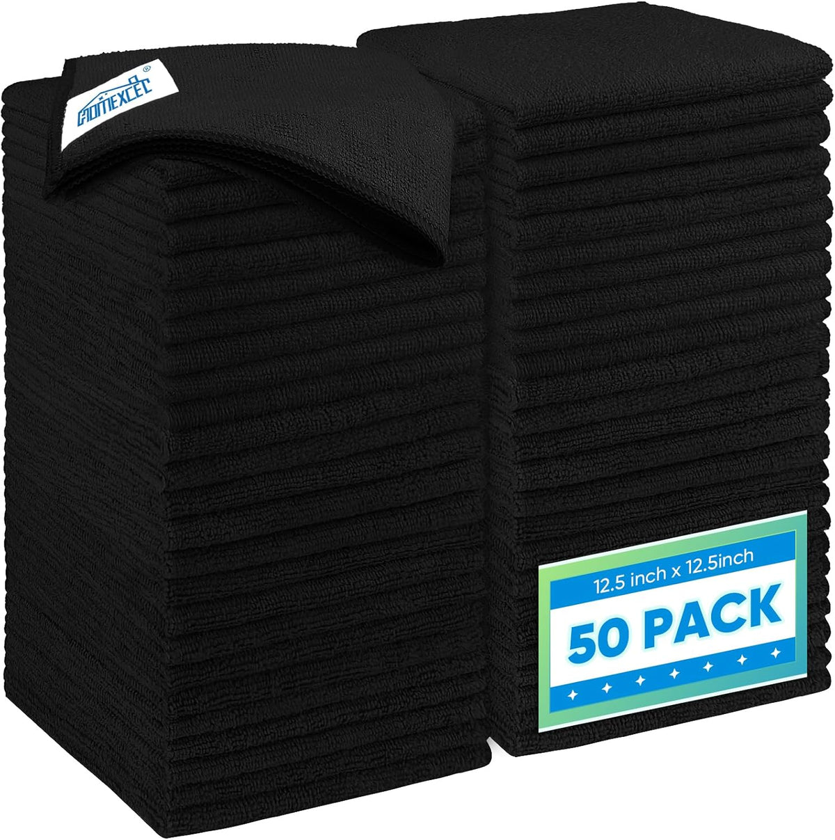 HOMEXCEL Black Microfiber Cleaning Cloth 50 Pack, 12.5 x 12.5 inch Microfiber Towels for Cars