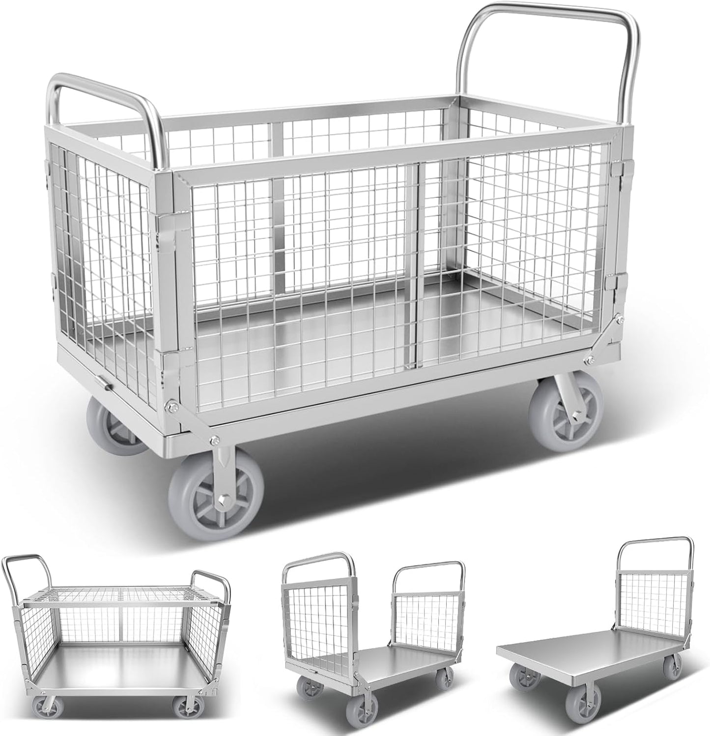 Platform Truck Cart with Cage, 6 in1 Foldable Flatbed Cart Heavy Duty Push Cart Dolly W/Swivel